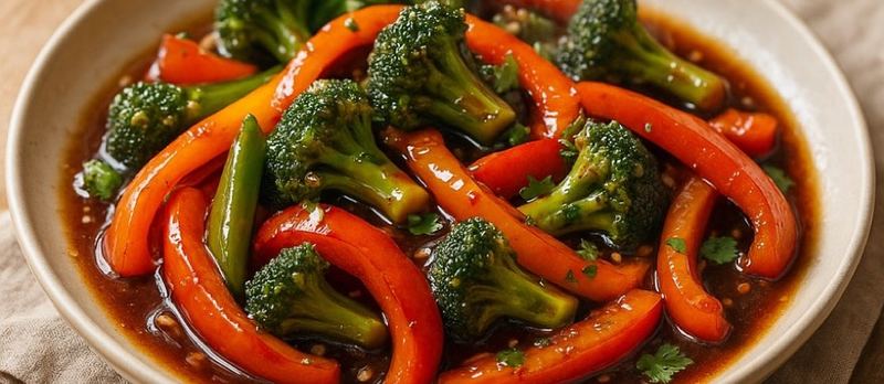 Broccoli bell pepper stir-fry with garlic soy glaze