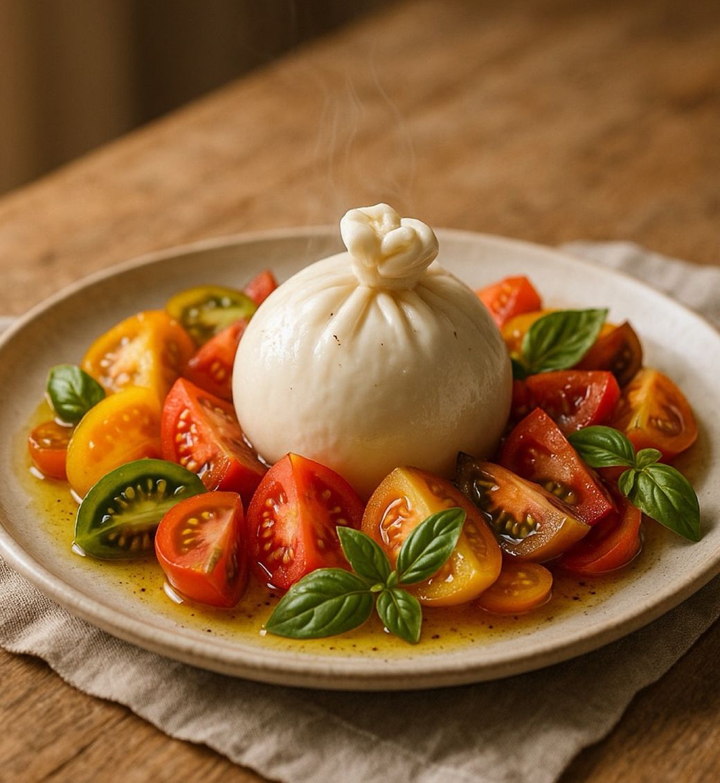 Burrata with heirloom tomatoes and basil